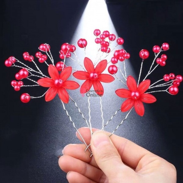 Ac metalic pentru par ACM057 Flori Rosii cu perle